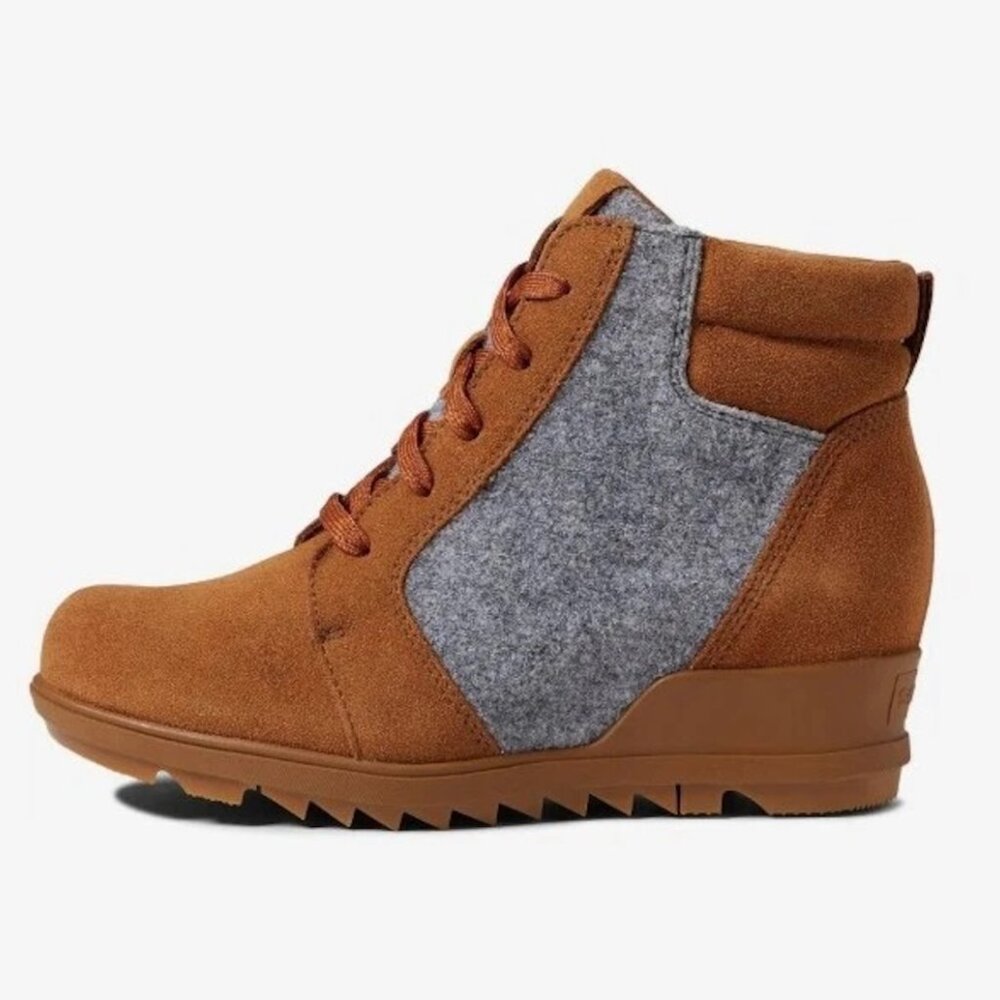 SOREL NWOB Evie Ankle Lace‎ up Wedge Booties Brown Gray Suede